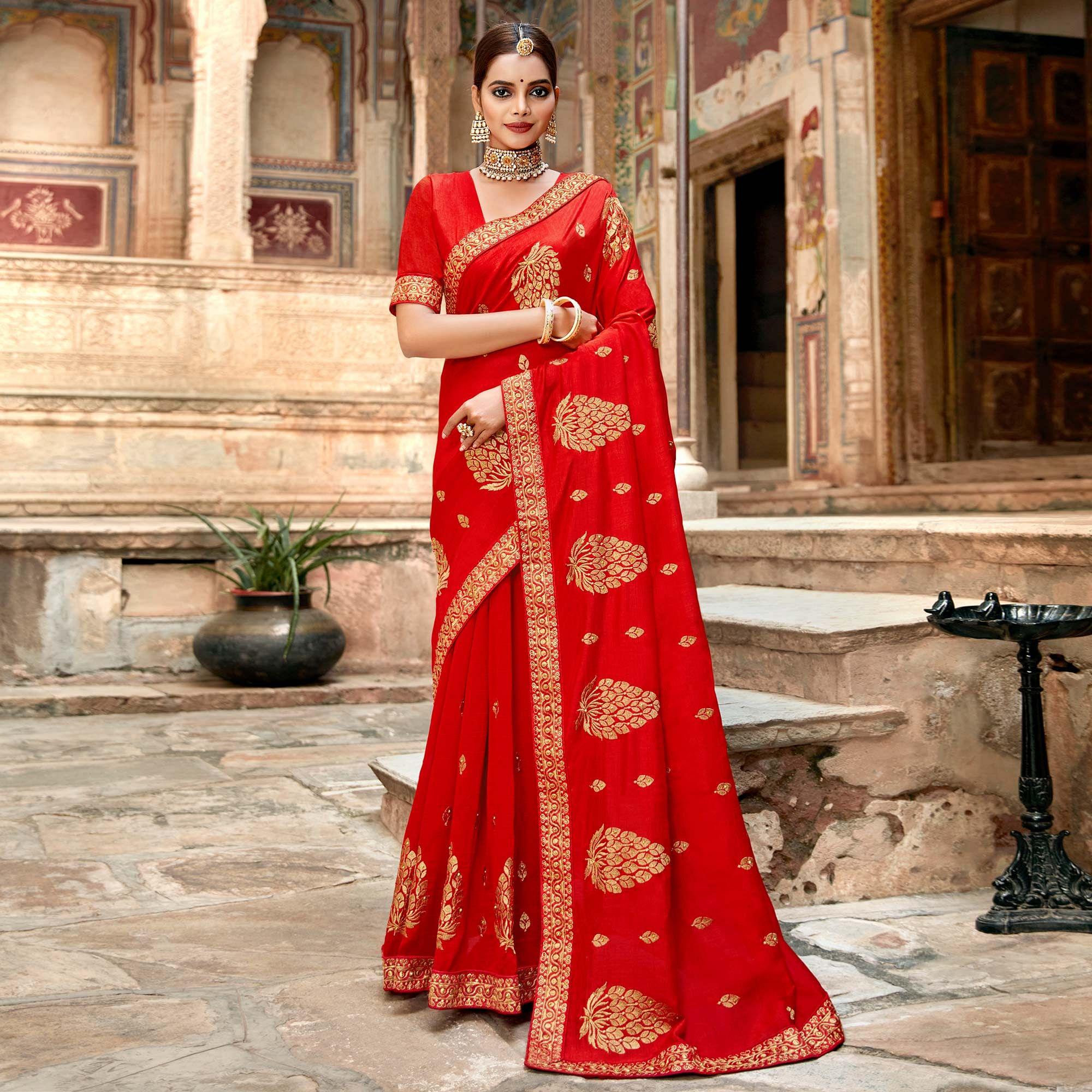 Red Embellished With Woven Vichitra Silk Saree - Peachmode