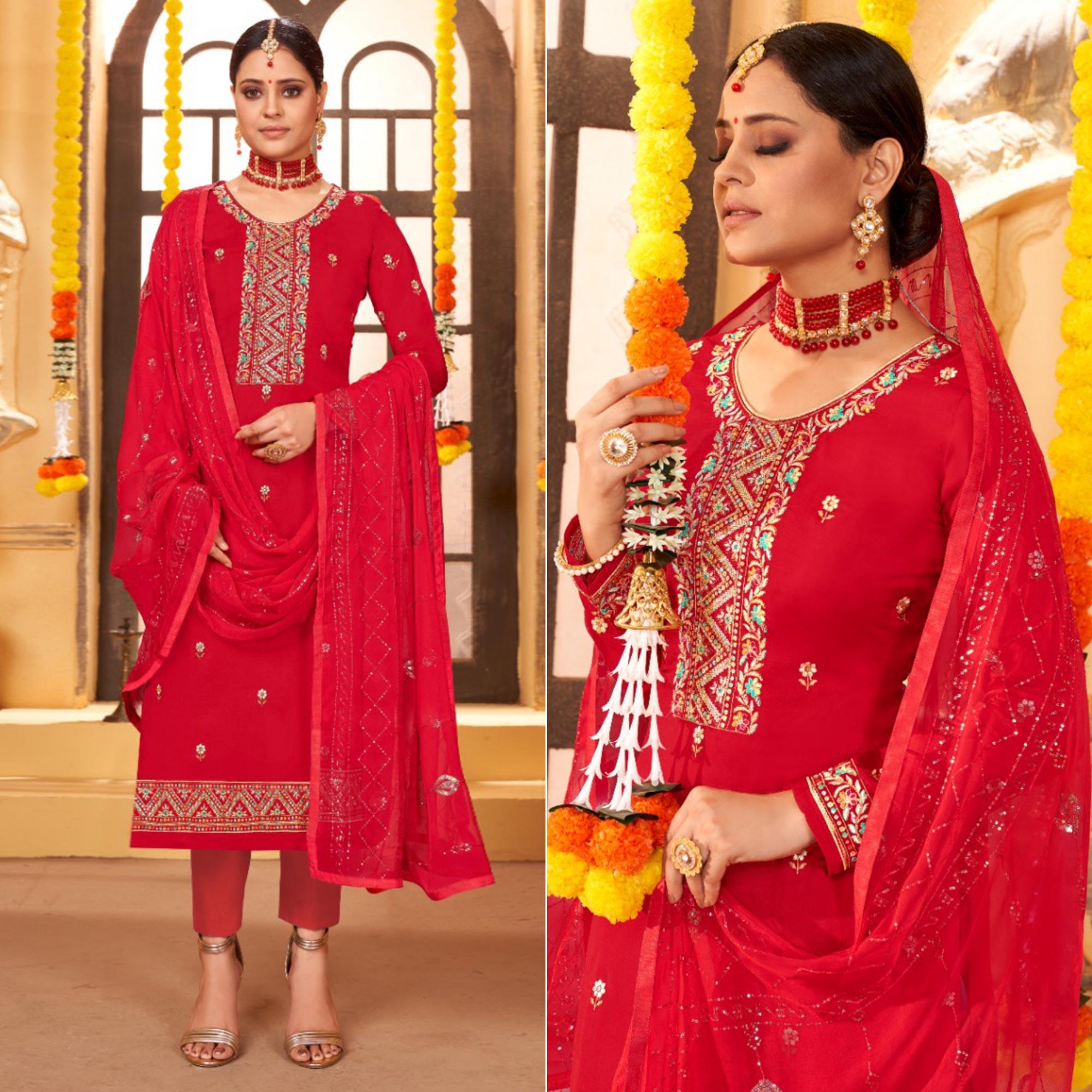 Red Embroidered Art Silk Salwar Suit - Peachmode