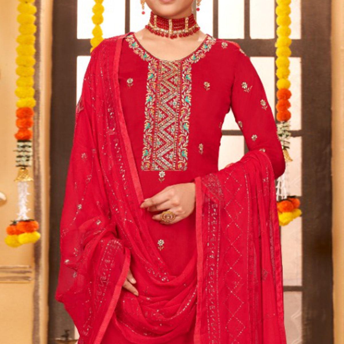 Red Embroidered Art Silk Salwar Suit - Peachmode