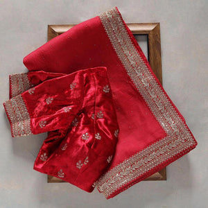 Red Embroidered Art Silk Saree - Peachmode