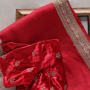 Red Embroidered Art Silk Saree - Peachmode