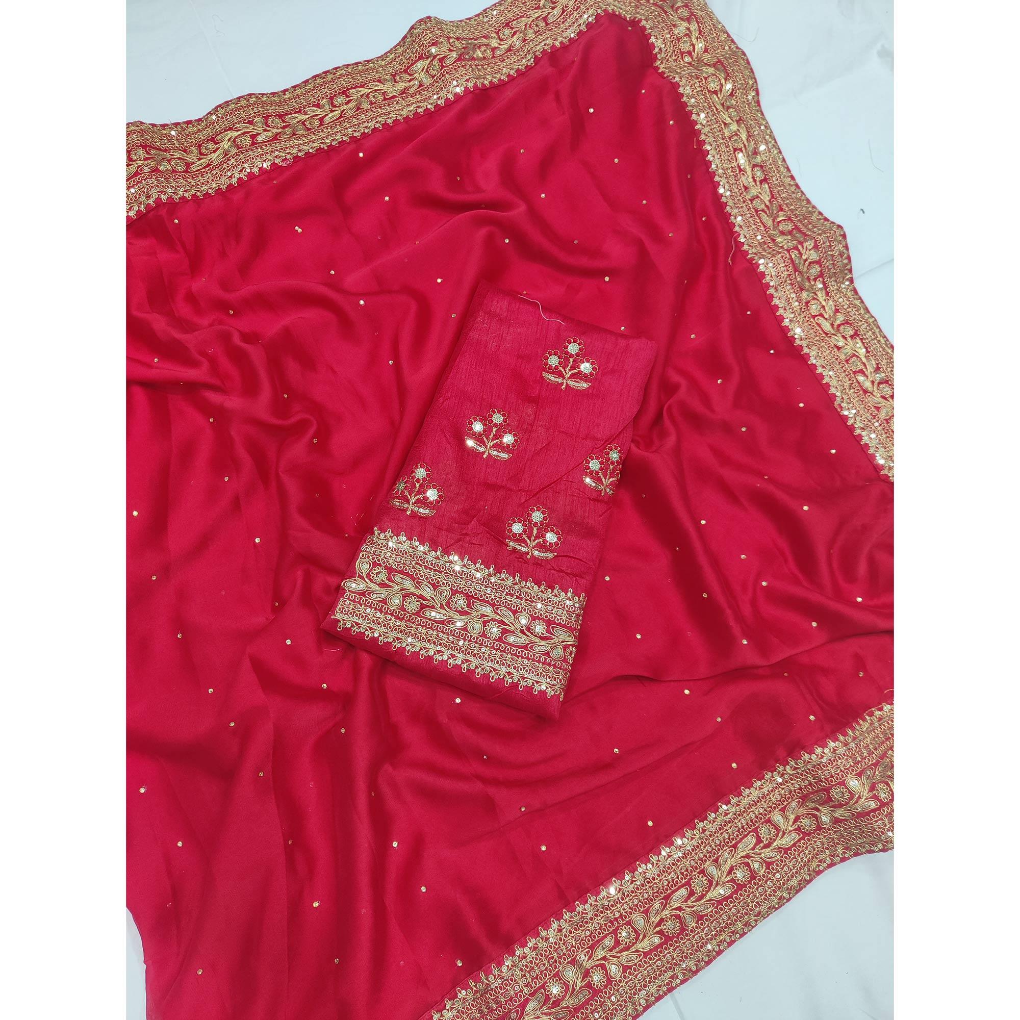 Red Embroidered Art Silk Saree - Peachmode