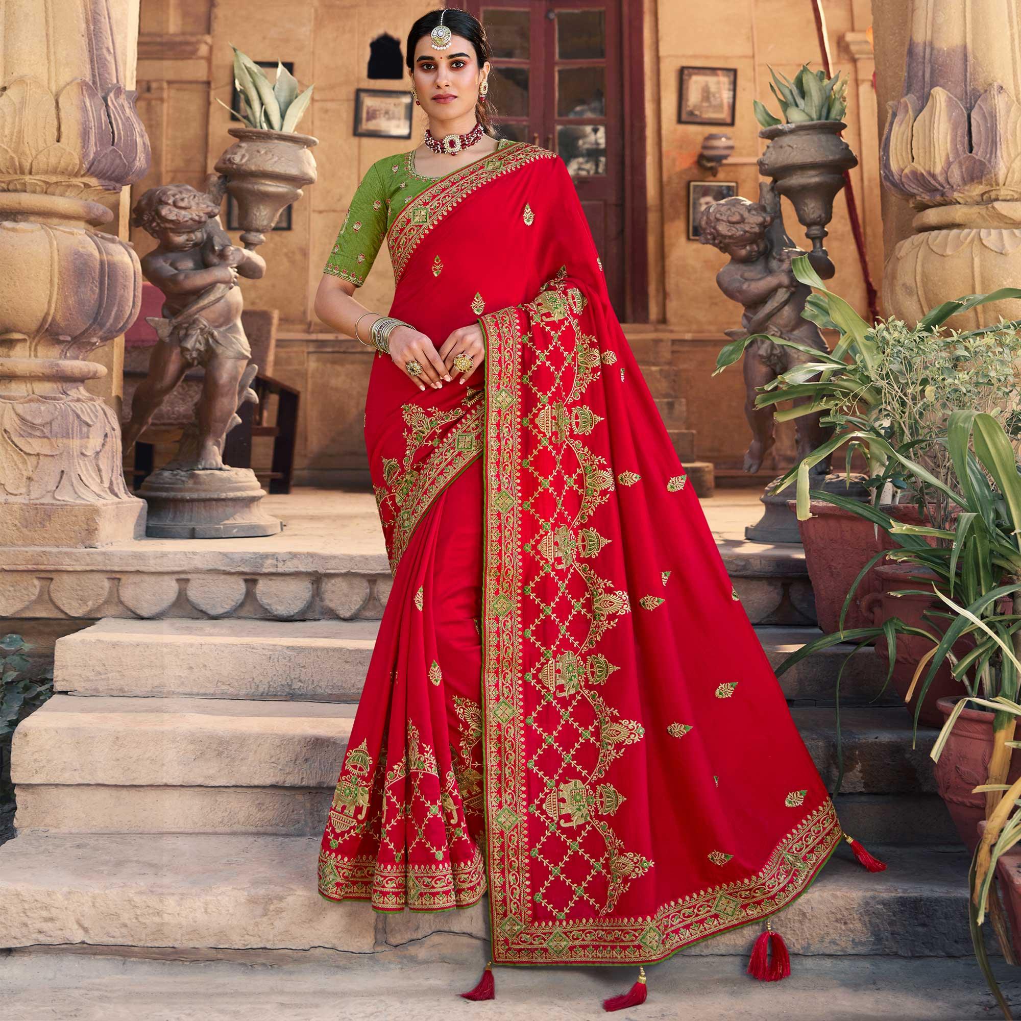 Red Embroidered Art Silk Saree With Tassels - Peachmode