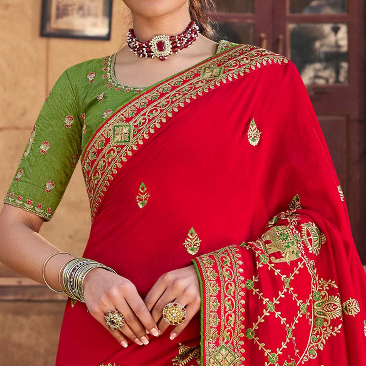 Red Embroidered Art Silk Saree With Tassels - Peachmode