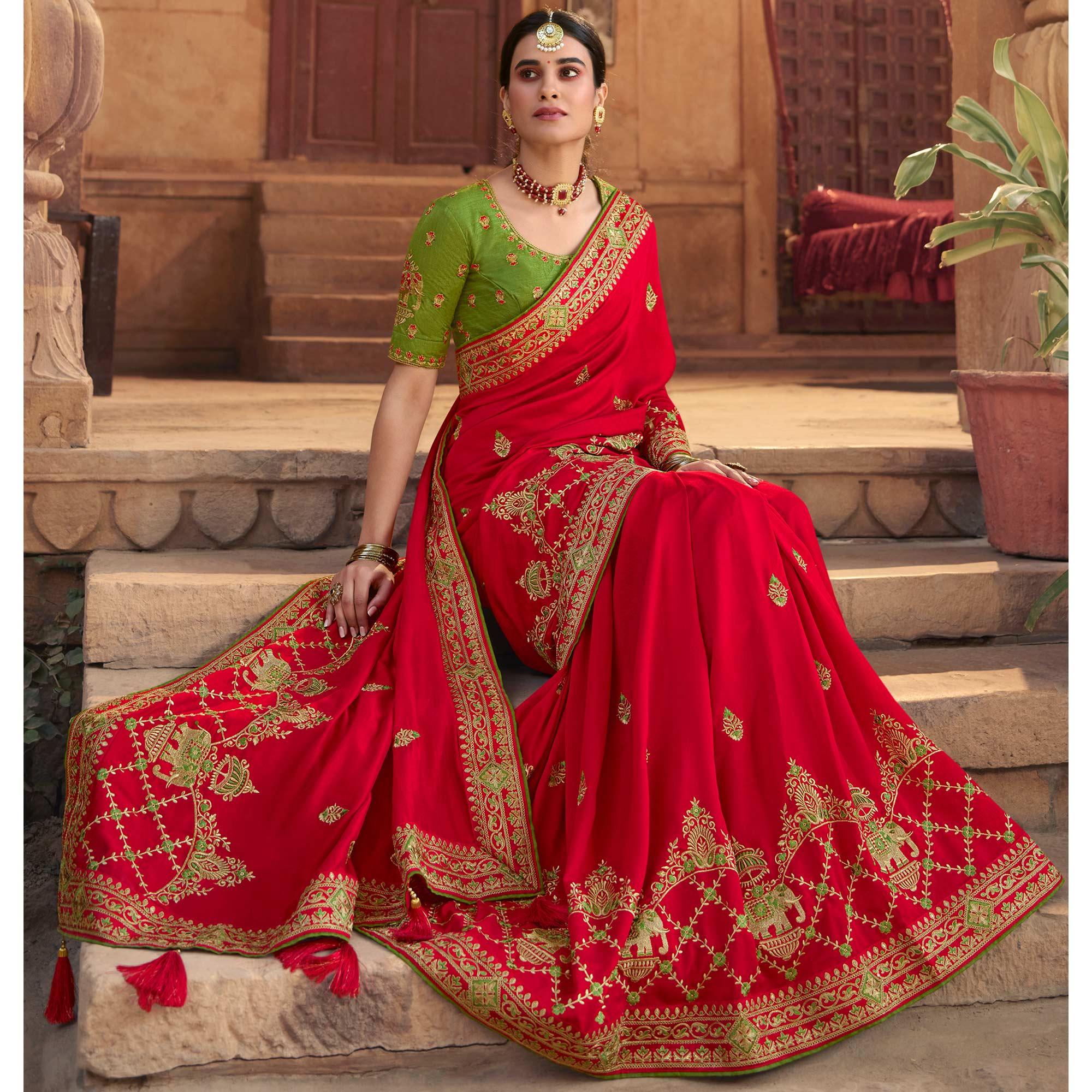 Red Embroidered Art Silk Saree With Tassels - Peachmode