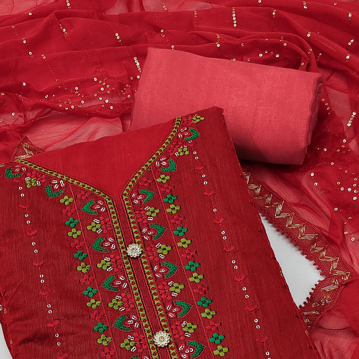 Red Embroidered Chanderi Dress Material - Peachmode