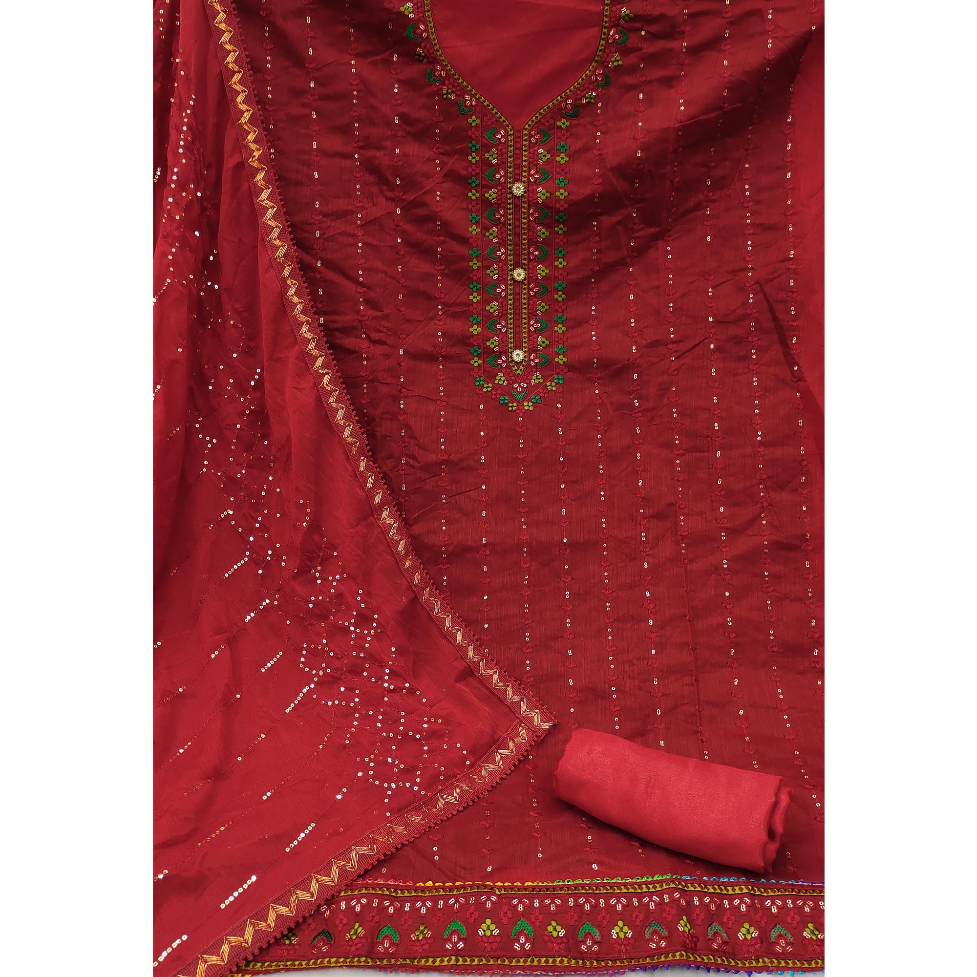 Red Embroidered Chanderi Dress Material - Peachmode