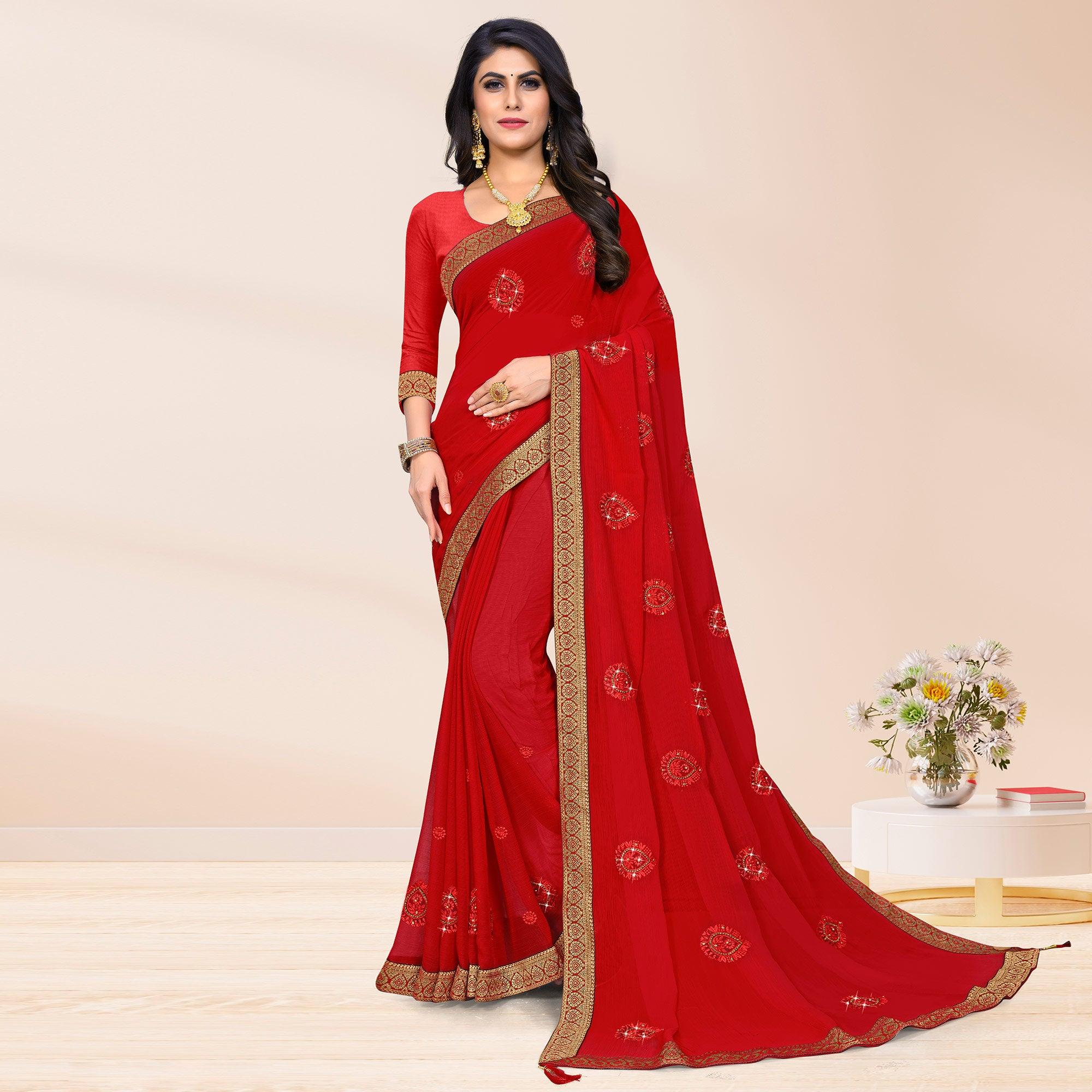 Red Embroidered Chiffon Saree - Peachmode