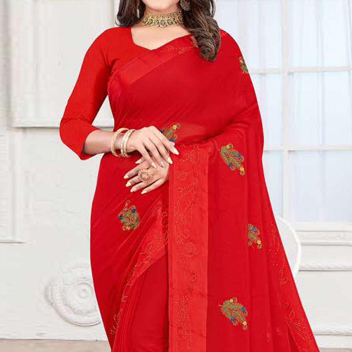Red Embroidered Chiffon Saree - Peachmode