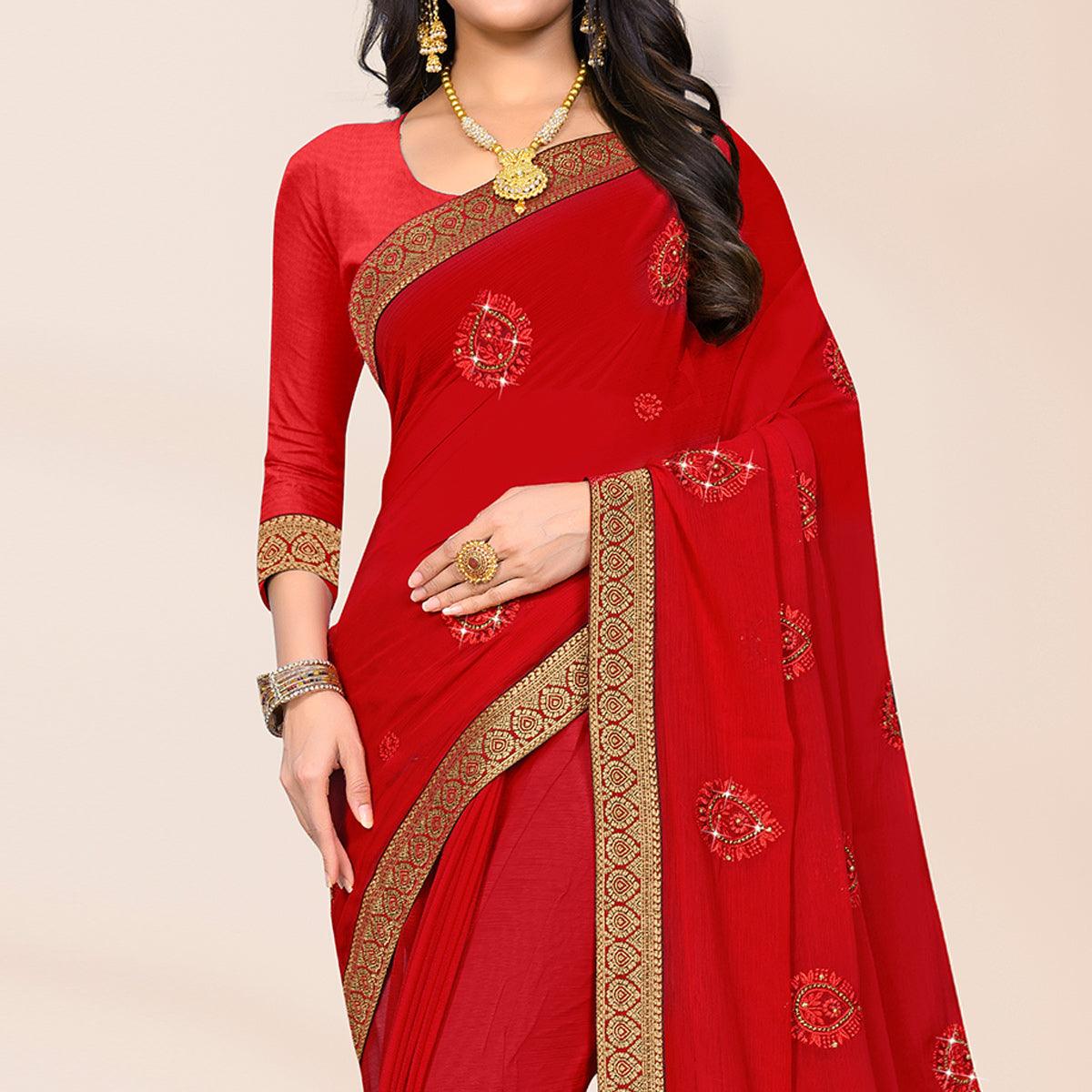 Red Embroidered Chiffon Saree - Peachmode