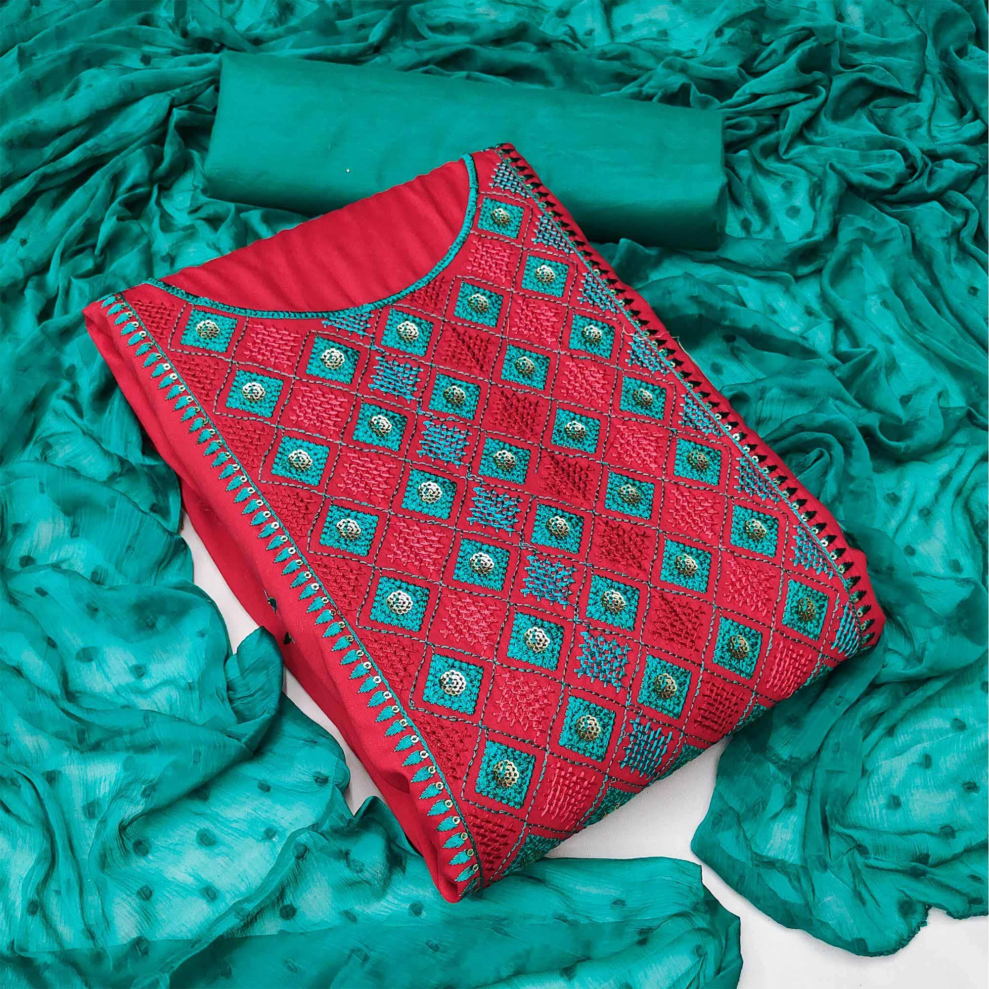 Red Embroidered Cotton Blend Dress Material - Peachmode