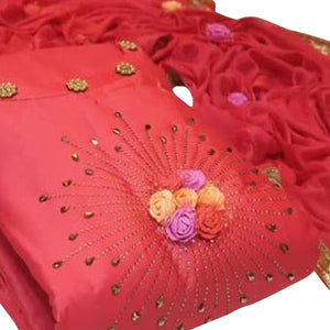 Red Embroidered Cotton Blend Dress Material - Peachmode