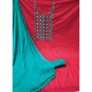 Red Embroidered Cotton Blend Dress Material - Peachmode