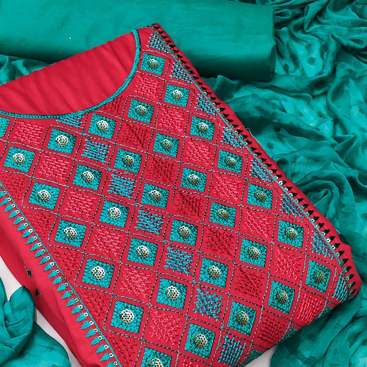 Red Embroidered Cotton Blend Dress Material - Peachmode