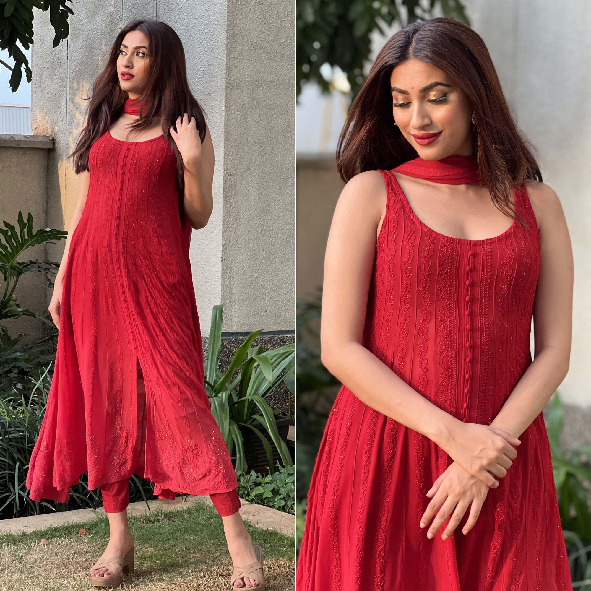 Red Embroidered Georgette Anarkali Suit - Peachmode