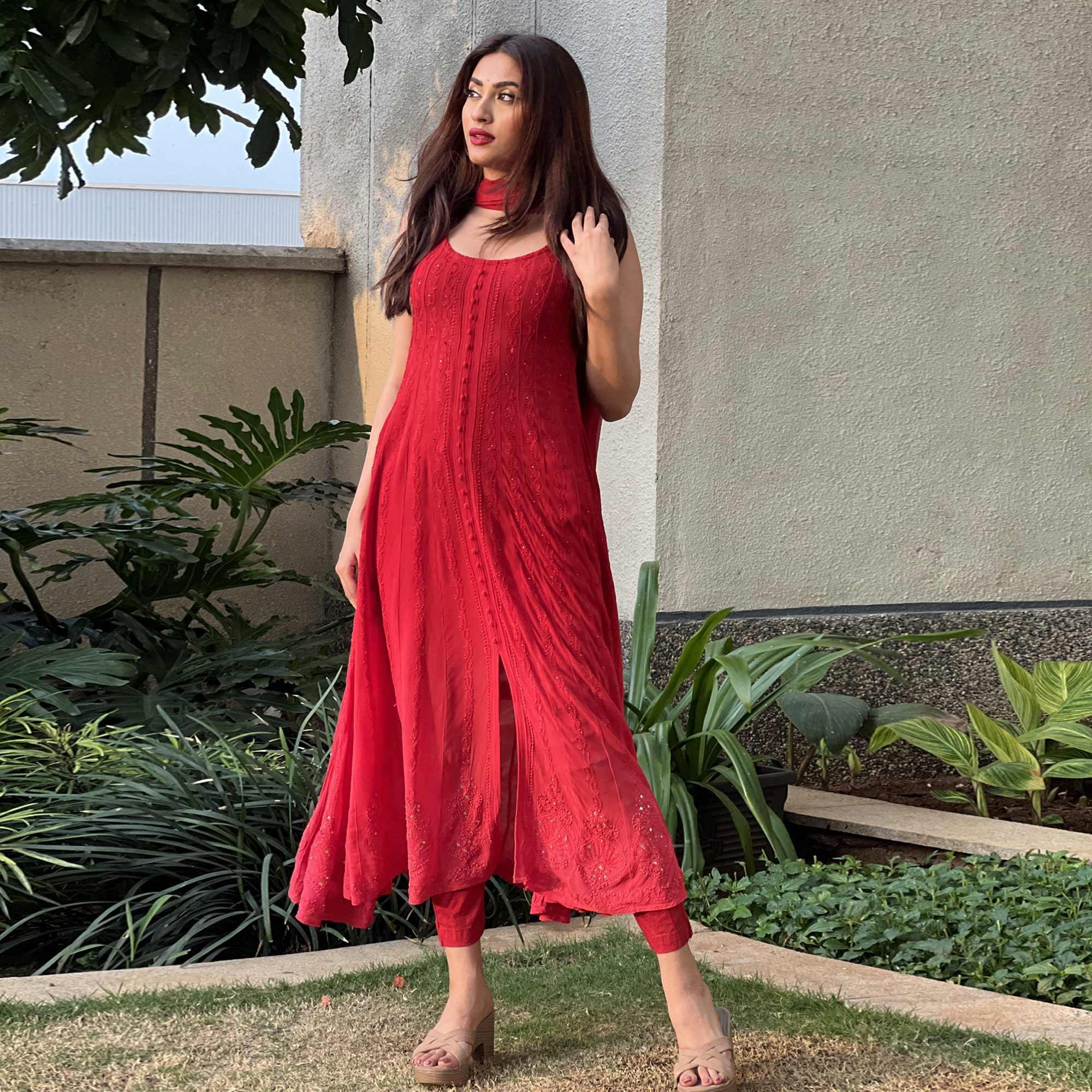 Red Embroidered Georgette Anarkali Suit - Peachmode