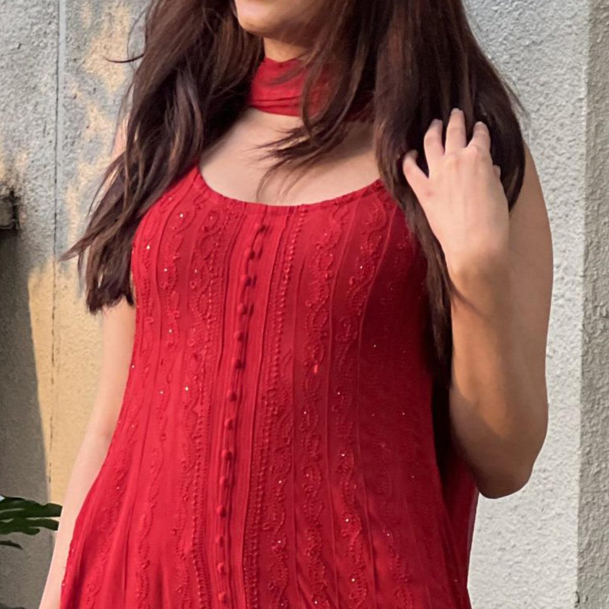 Red Embroidered Georgette Anarkali Suit - Peachmode