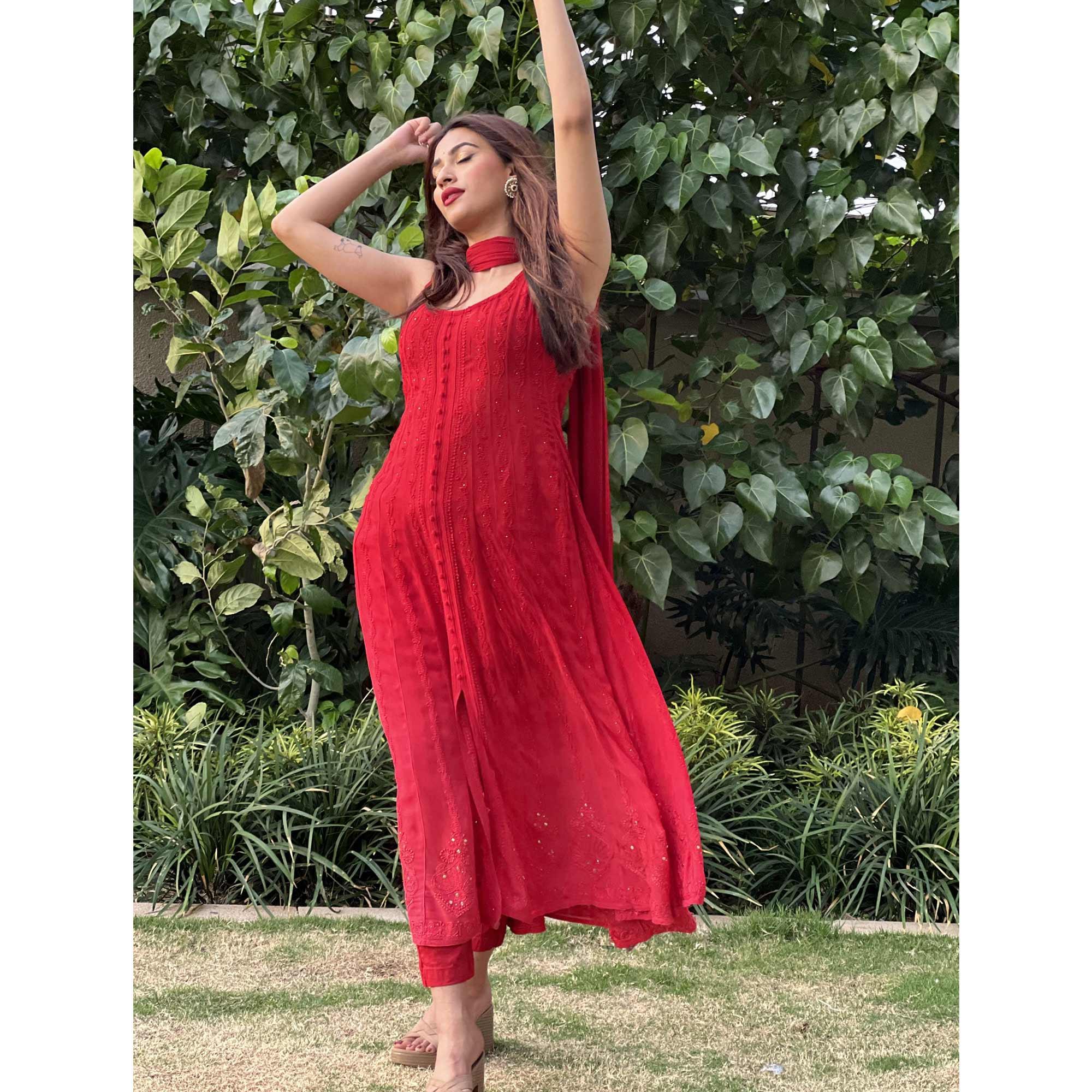 Red Embroidered Georgette Anarkali Suit - Peachmode