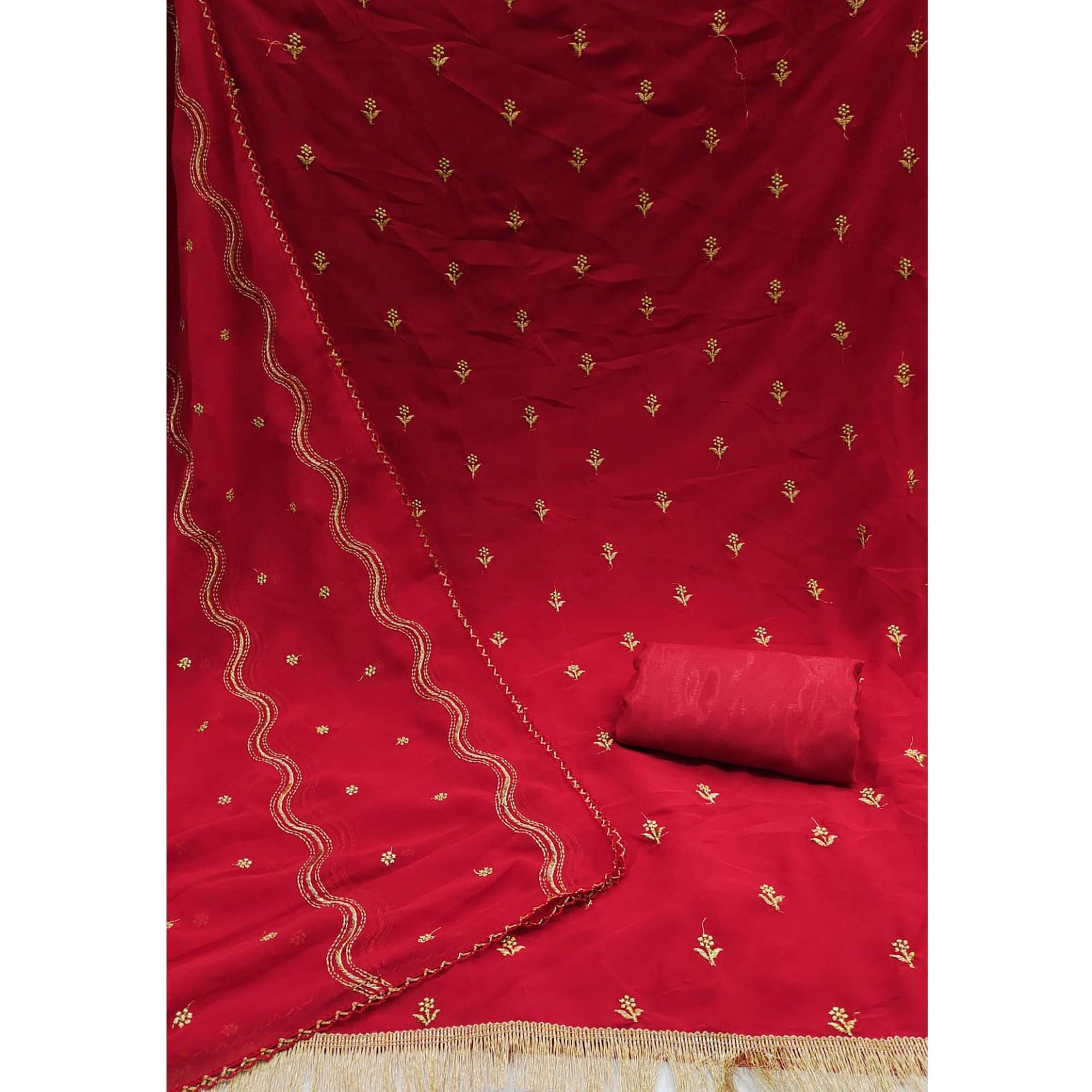 Red Embroidered Georgette Dress Material - Peachmode