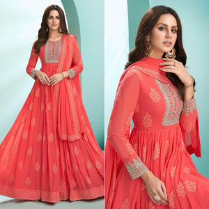 Red Embroidered Georgette Gown - Peachmode