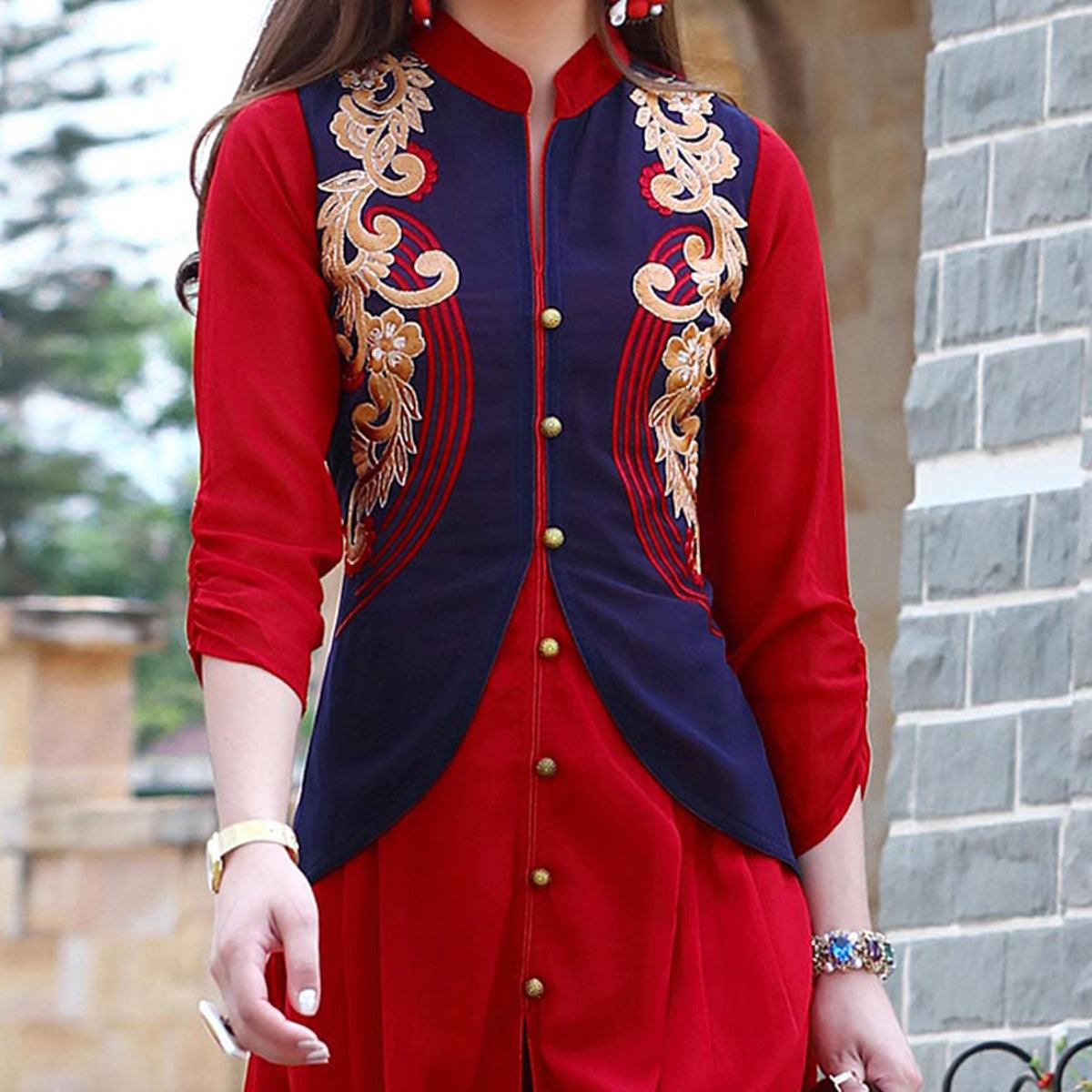 Red Embroidered Georgette Kurti - Peachmode