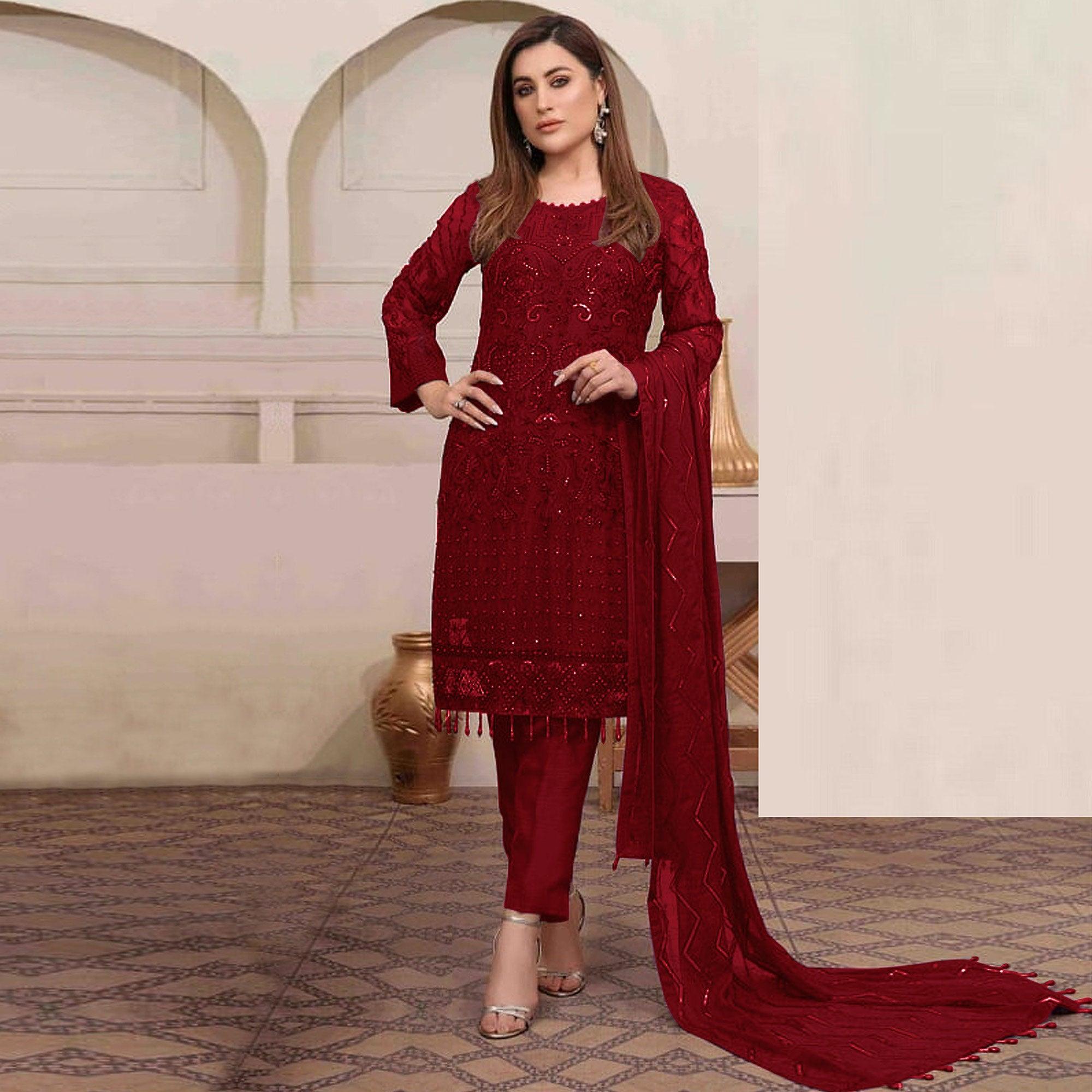 Red Embroidered Georgette Pakistani Suit - Peachmode