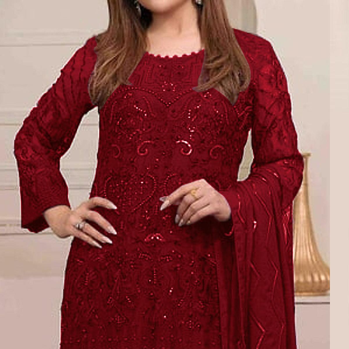 Red Embroidered Georgette Pakistani Suit - Peachmode