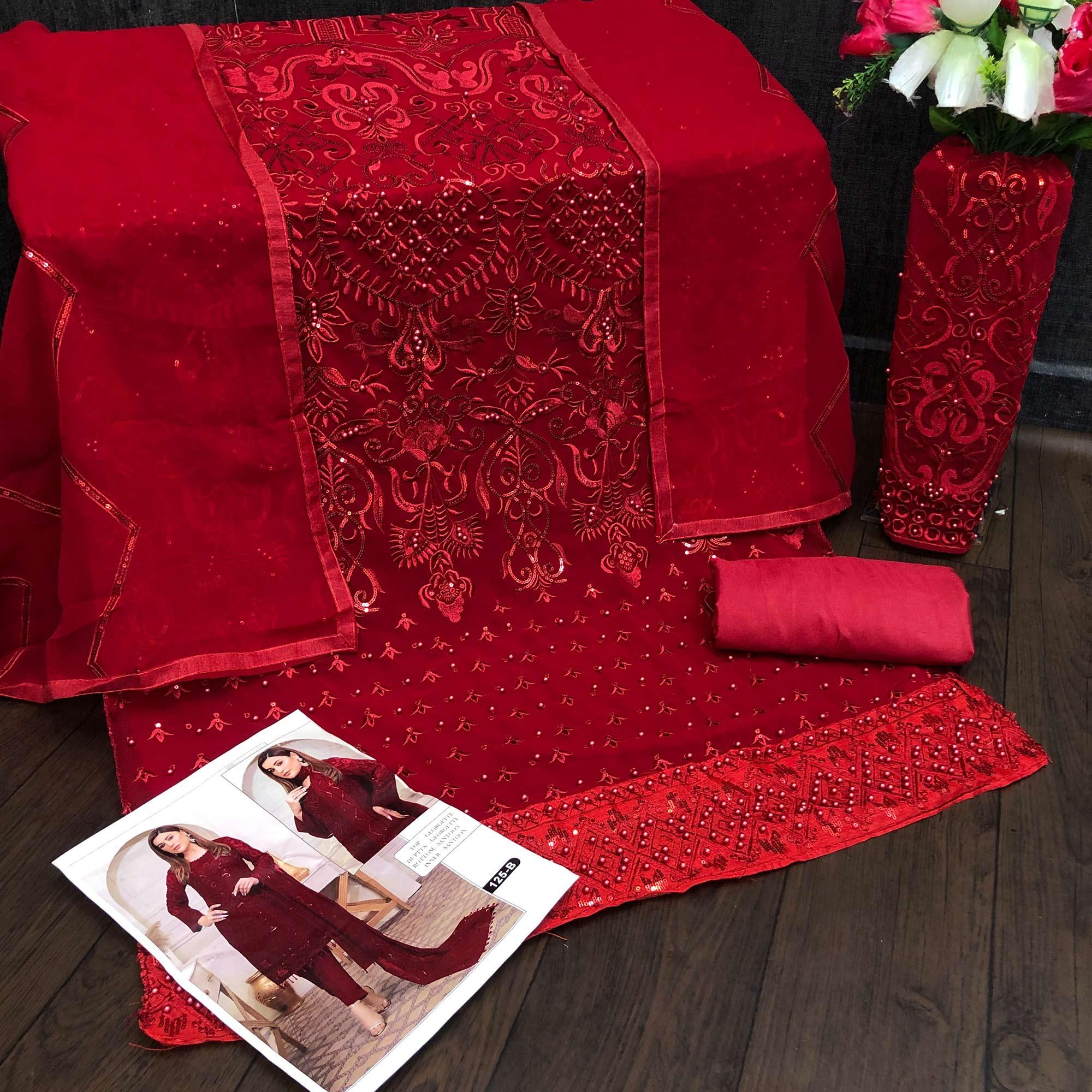 Red Embroidered Georgette Pakistani Suit - Peachmode