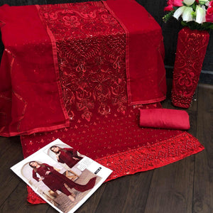 Red Embroidered Georgette Pakistani Suit - Peachmode
