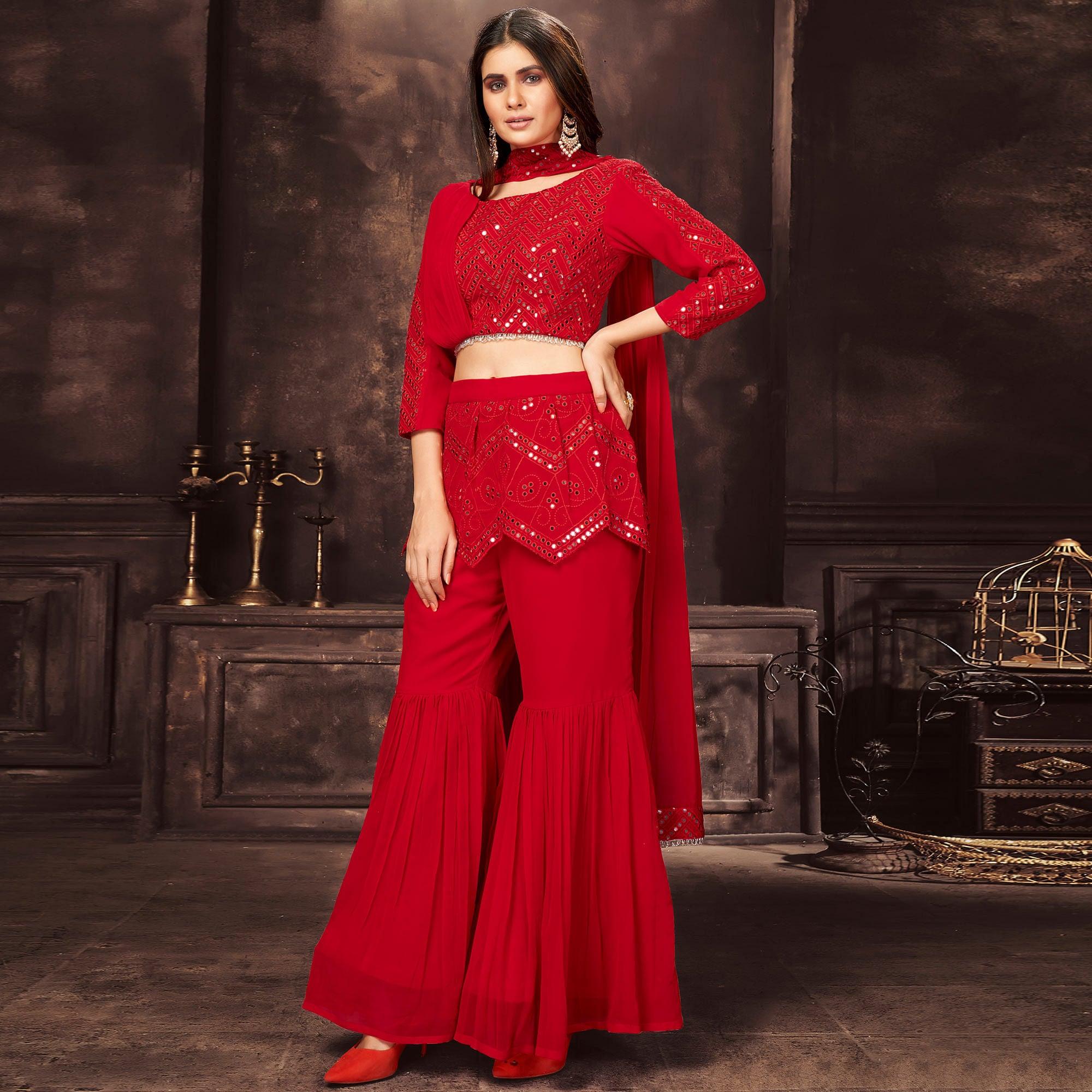 Red Embroidered Georgette Palazzo Suit - Peachmode