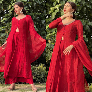 Red Embroidered Georgette Palazzo Suit - Peachmode