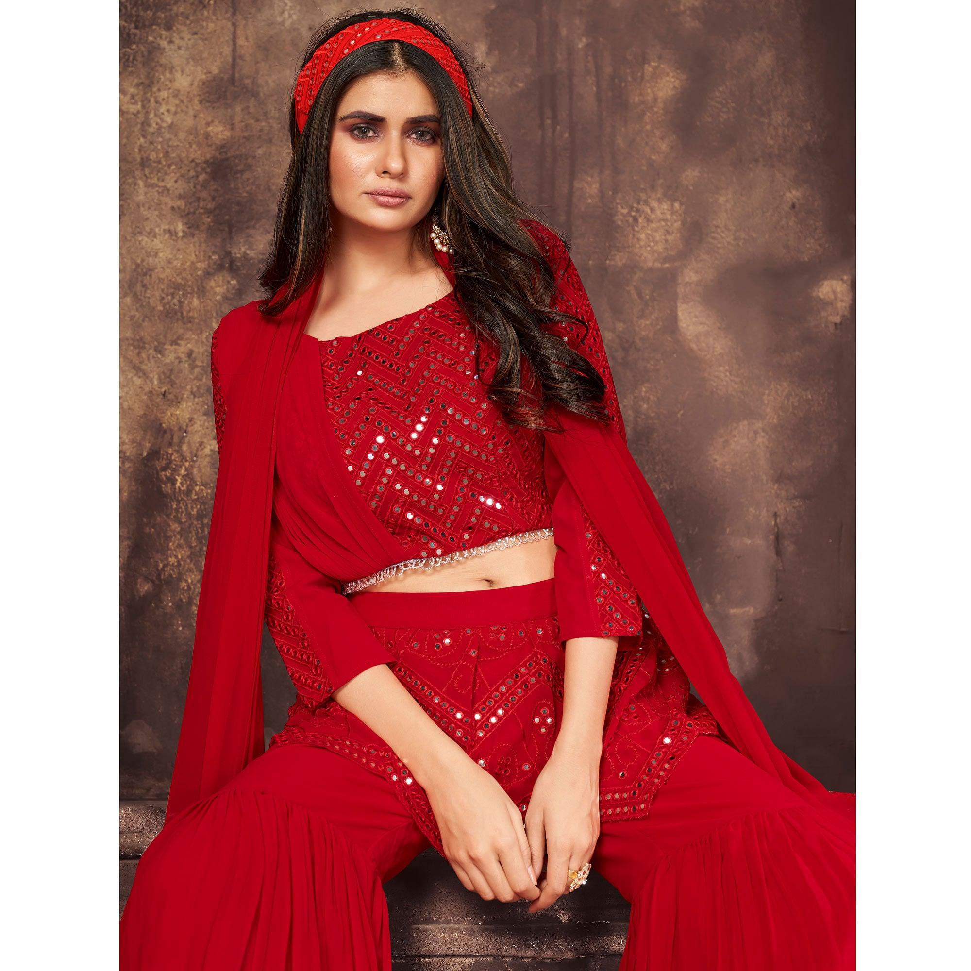 Red Embroidered Georgette Palazzo Suit - Peachmode