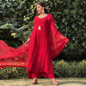 Red Embroidered Georgette Palazzo Suit - Peachmode