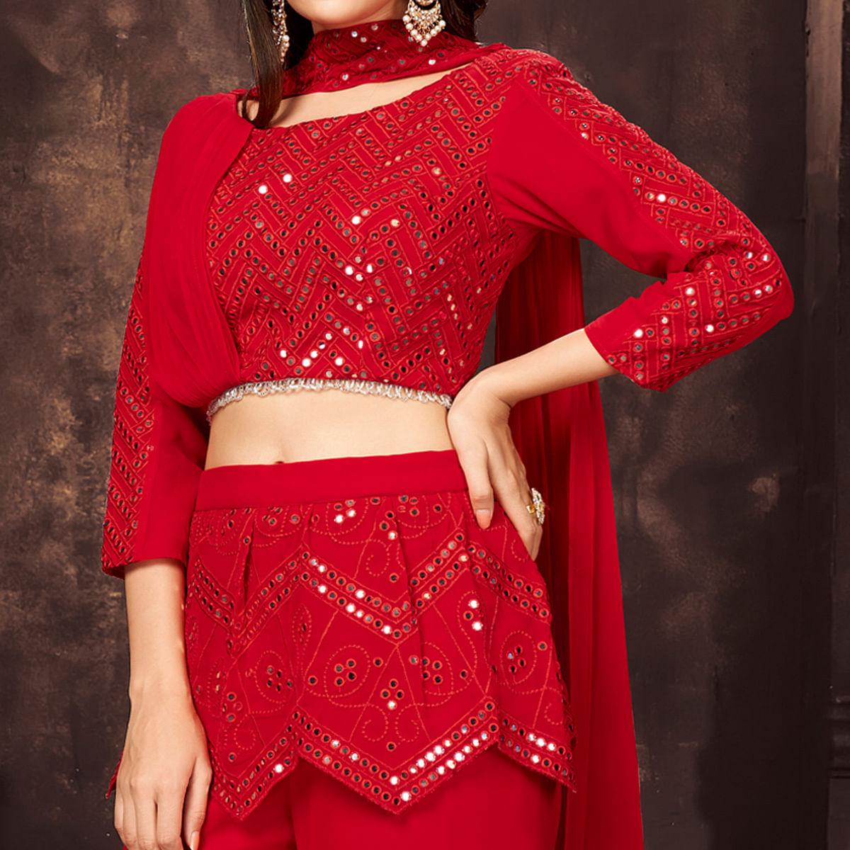 Red Embroidered Georgette Palazzo Suit - Peachmode