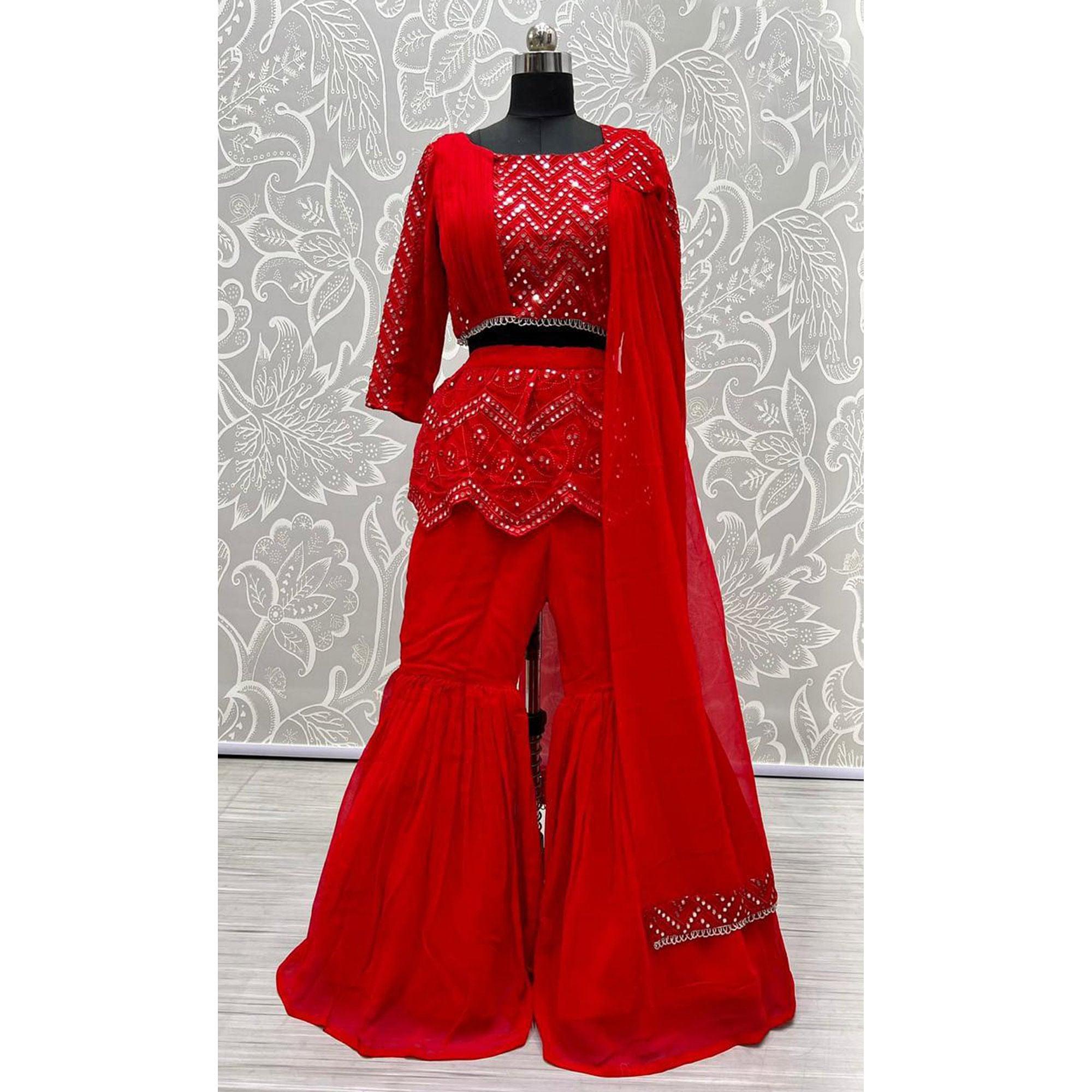 Red Embroidered Georgette Palazzo Suit - Peachmode