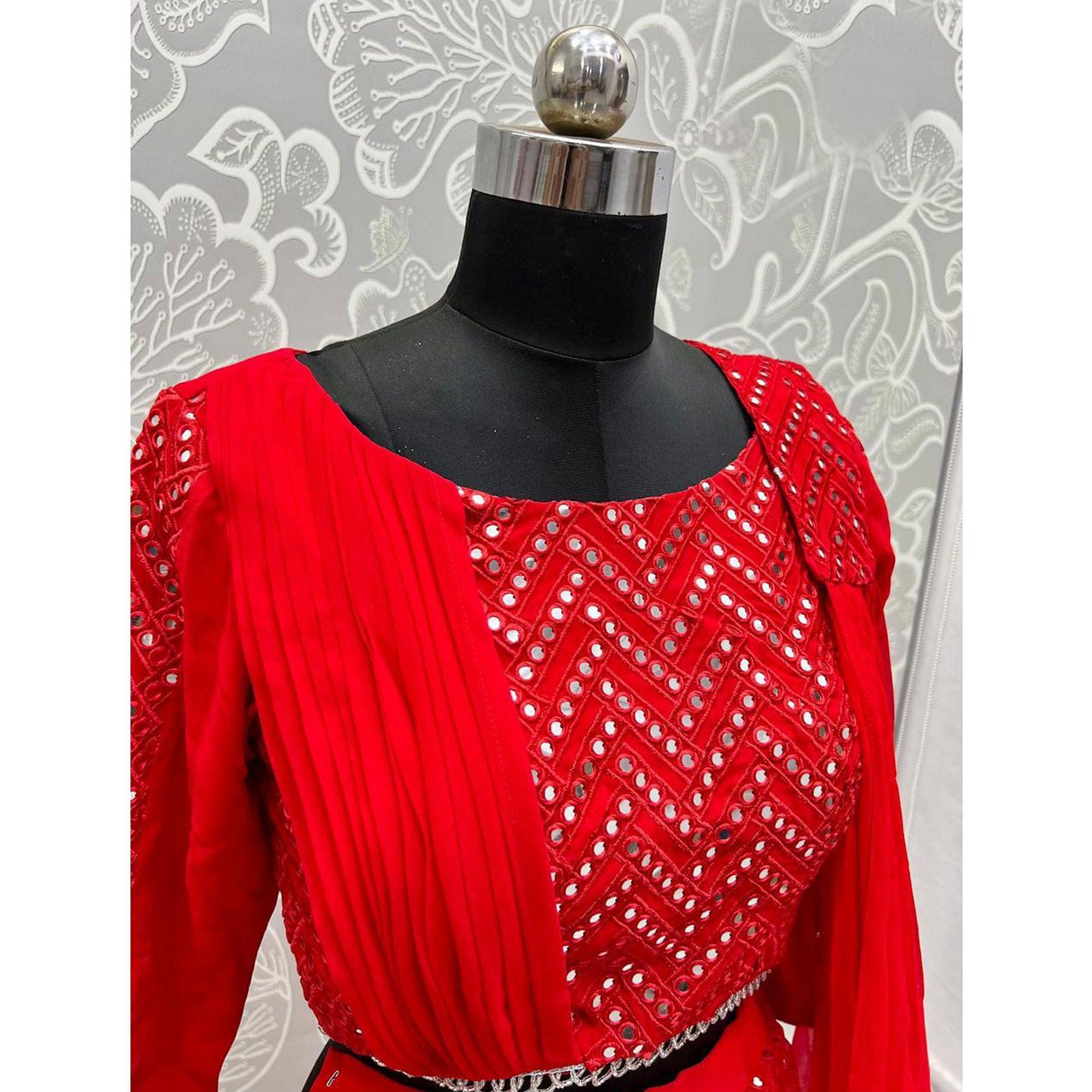 Red Embroidered Georgette Palazzo Suit - Peachmode