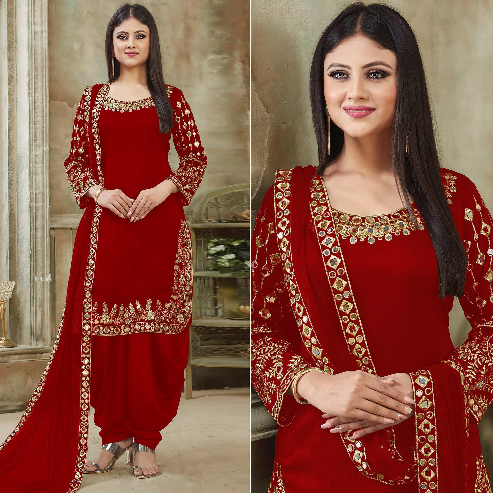 Red Embroidered Georgette Patiala Suit - Peachmode