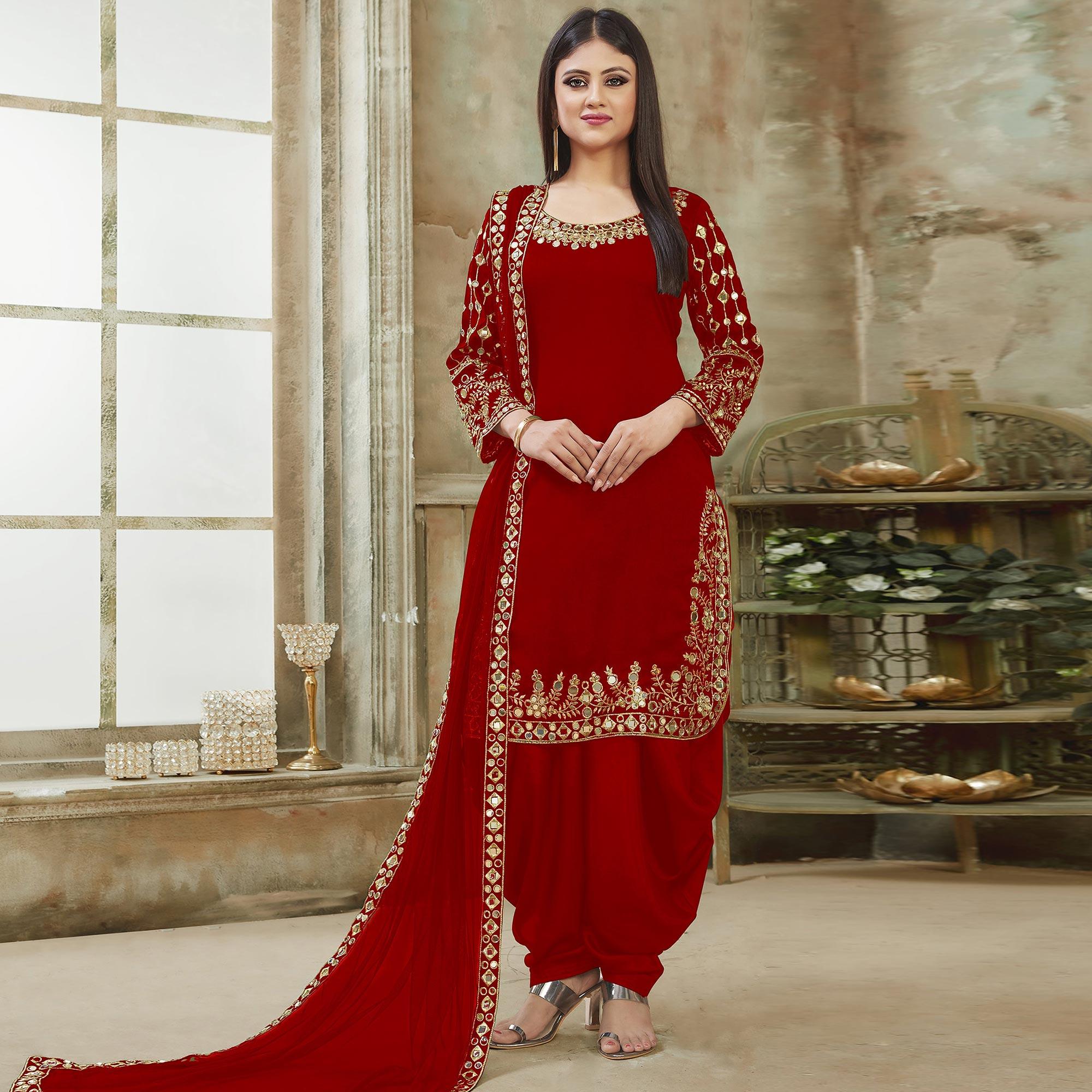 Red Embroidered Georgette Patiala Suit - Peachmode