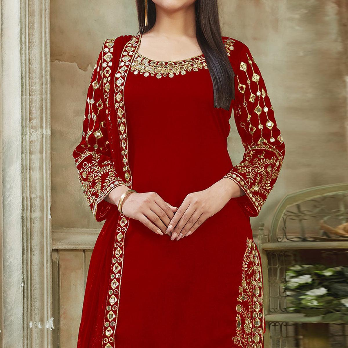 Red Embroidered Georgette Patiala Suit - Peachmode