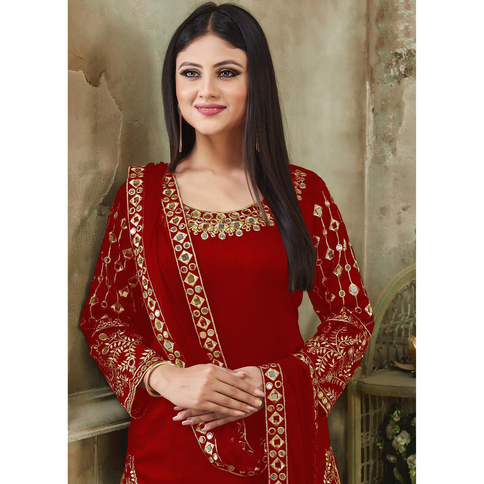 Red Embroidered Georgette Patiala Suit - Peachmode