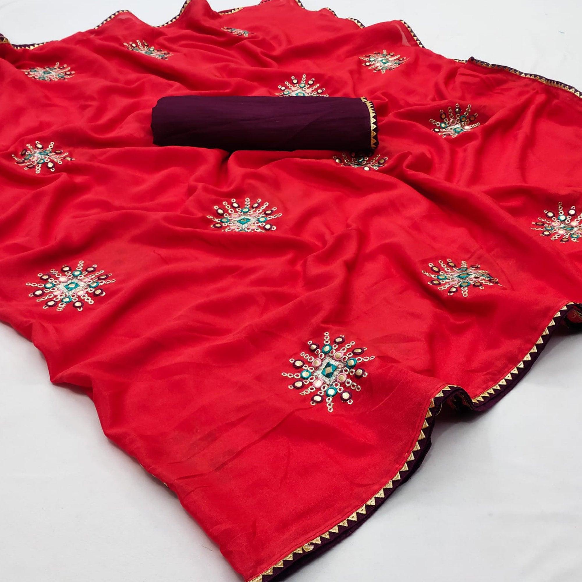 Red Embroidered Georgette Saree - Peachmode