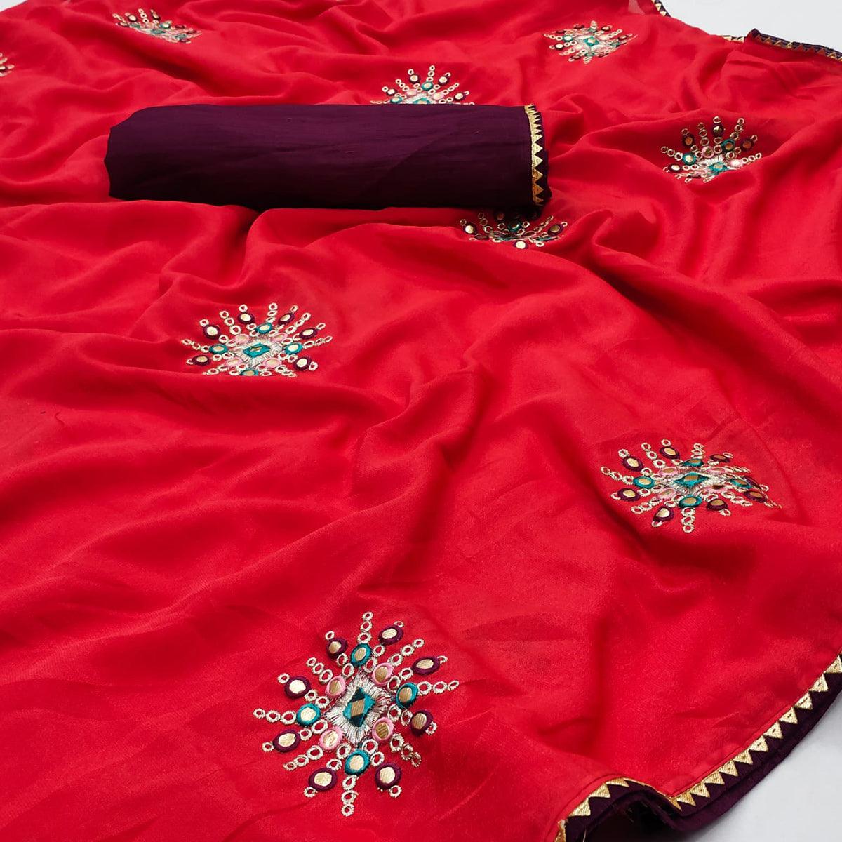 Red Embroidered Georgette Saree - Peachmode