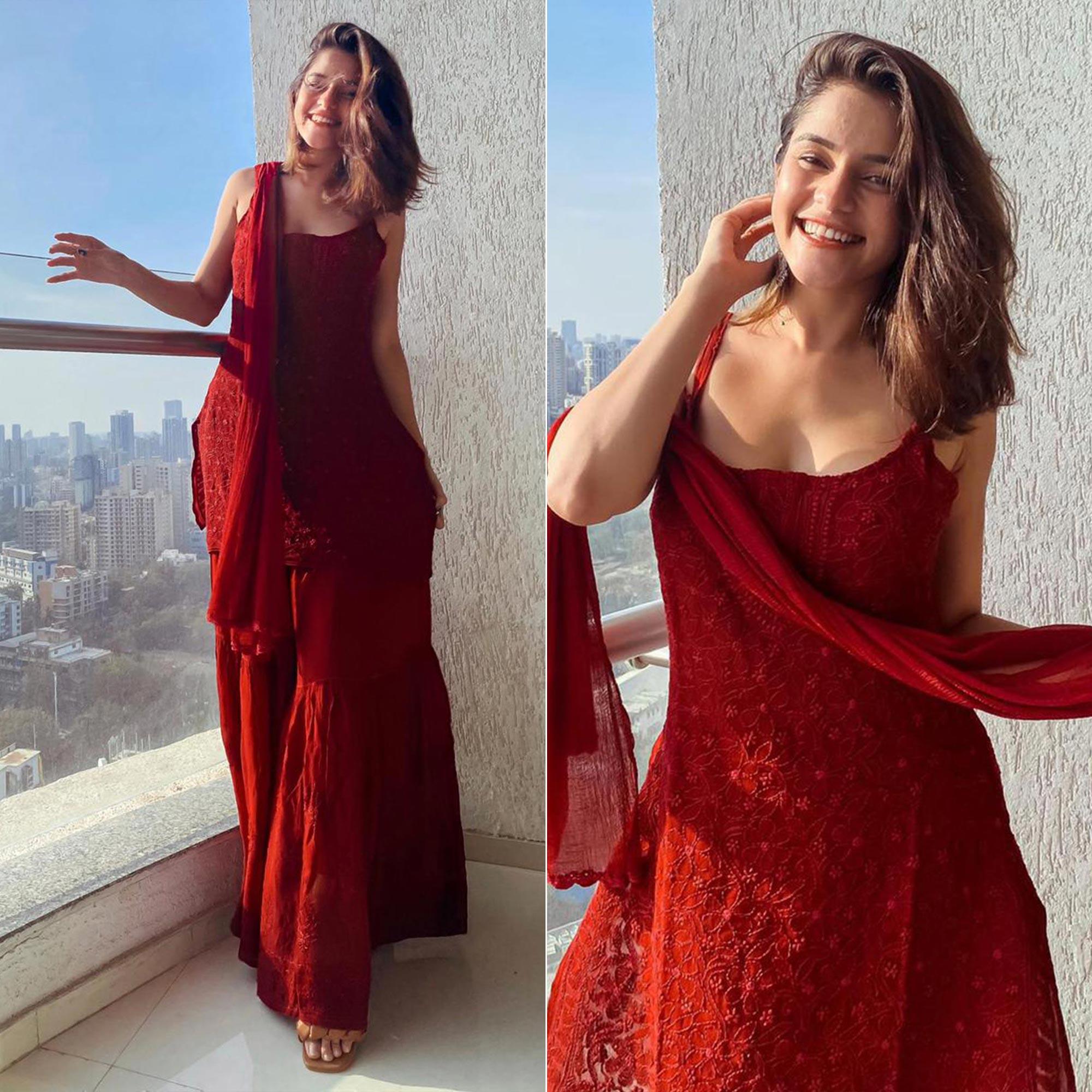 Red Embroidered Georgette Sharara Suit - Peachmode