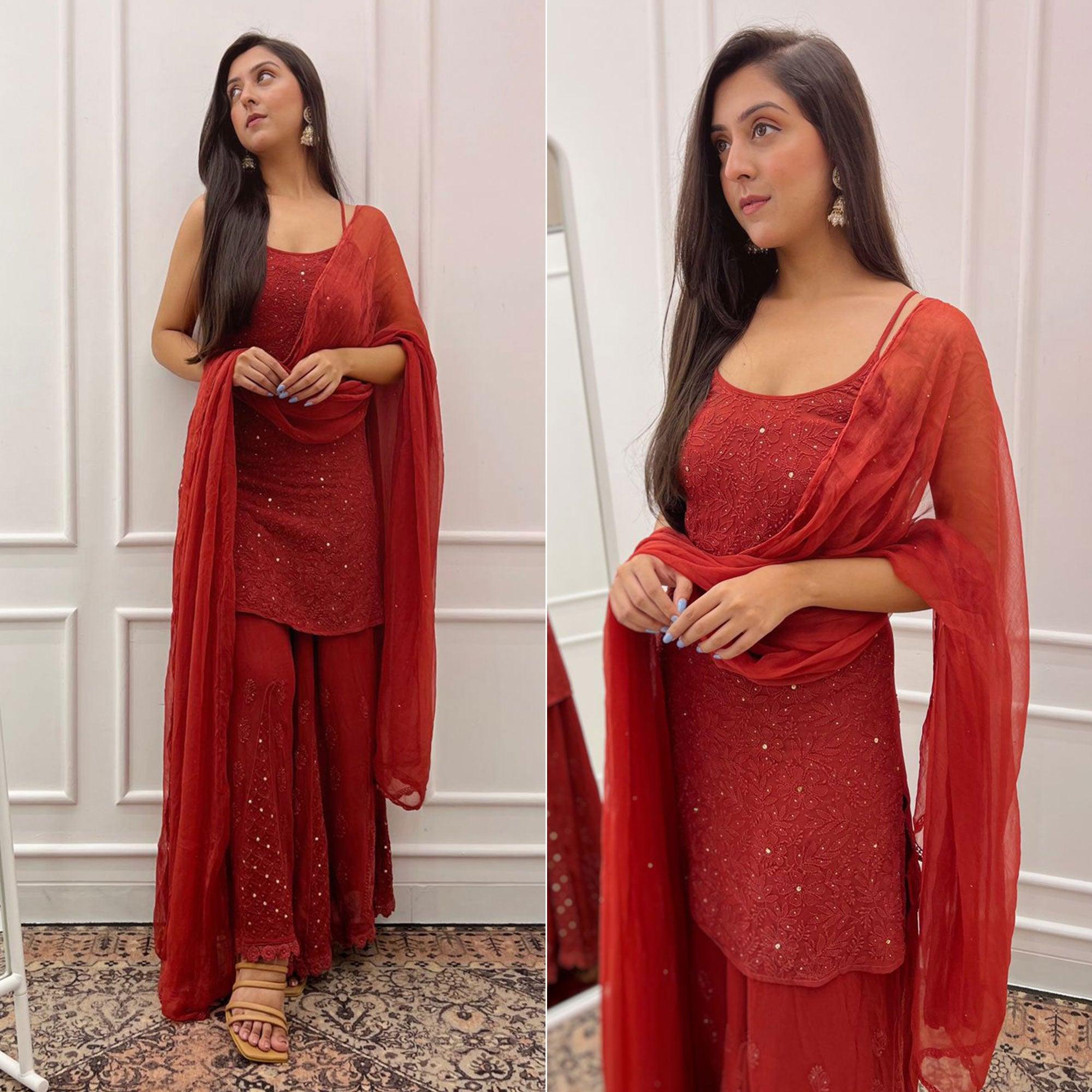 Red Embroidered Georgette Sharara Suit - Peachmode