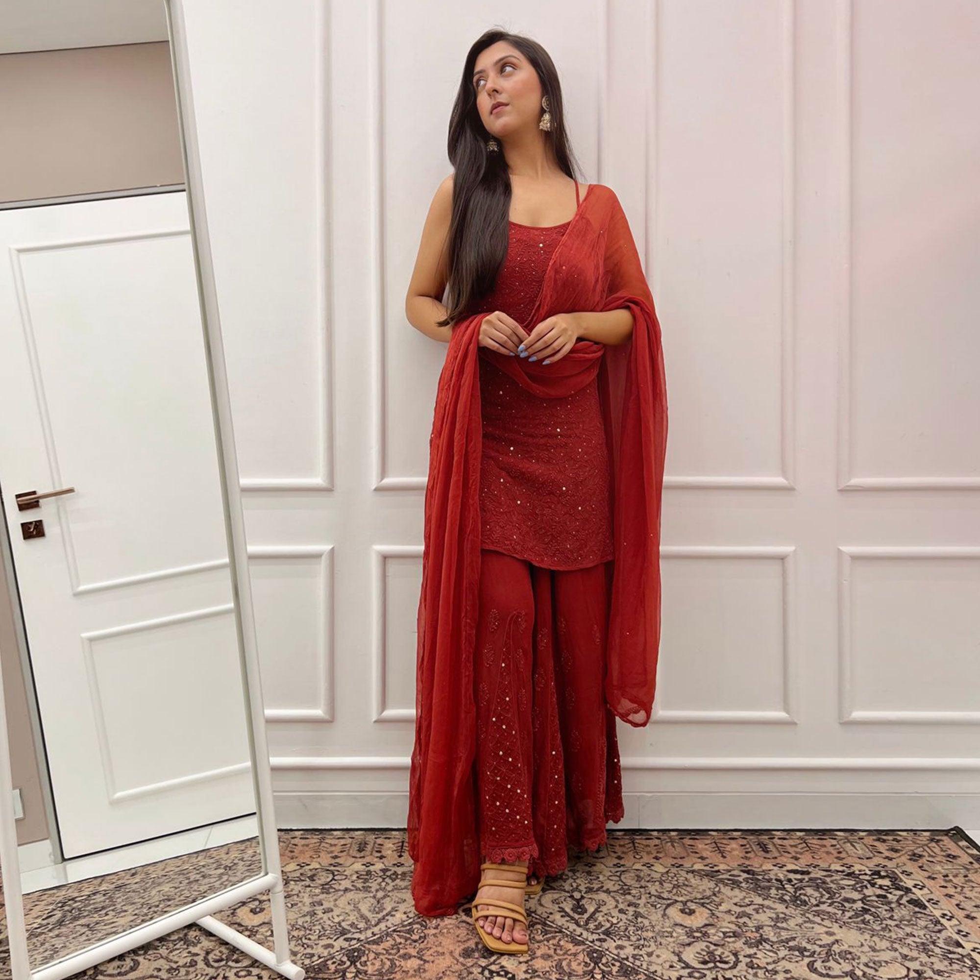 Red Embroidered Georgette Sharara Suit - Peachmode
