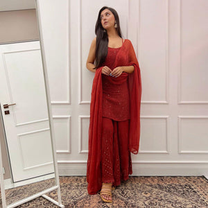 Red Embroidered Georgette Sharara Suit - Peachmode