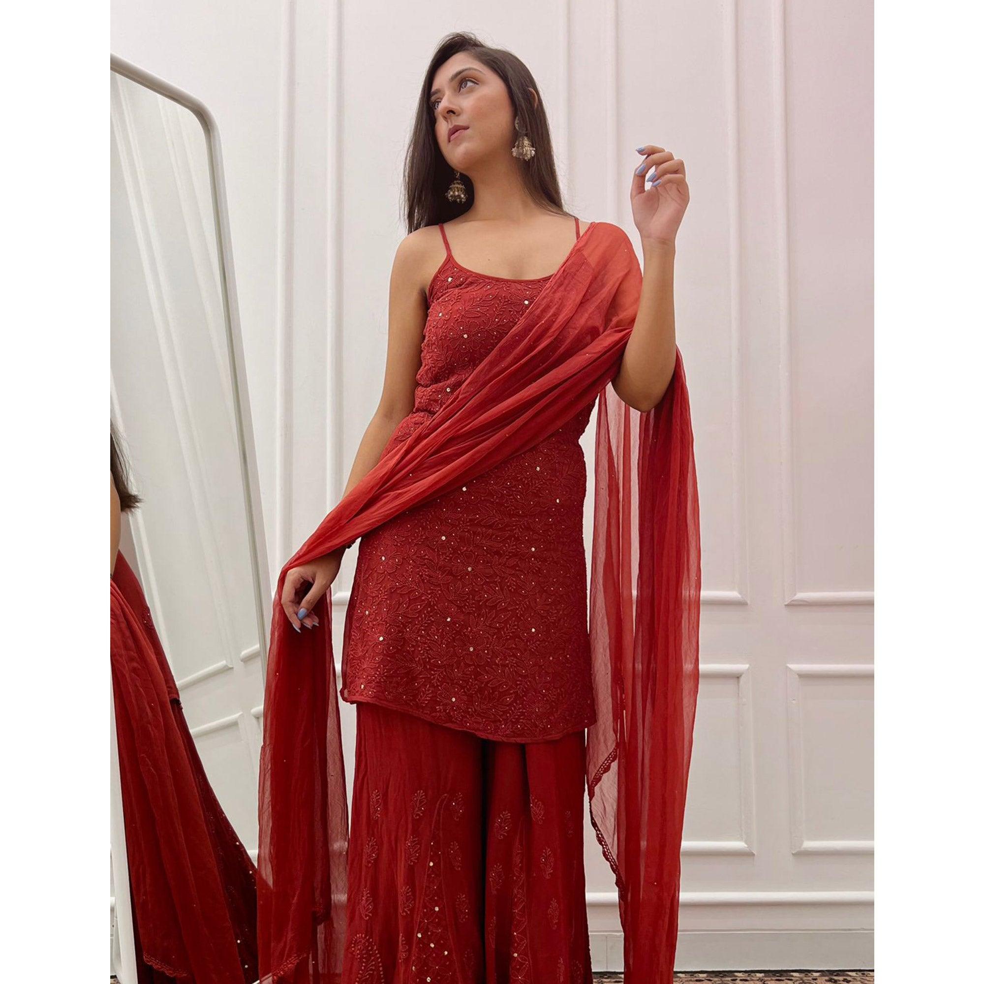 Red Embroidered Georgette Sharara Suit - Peachmode
