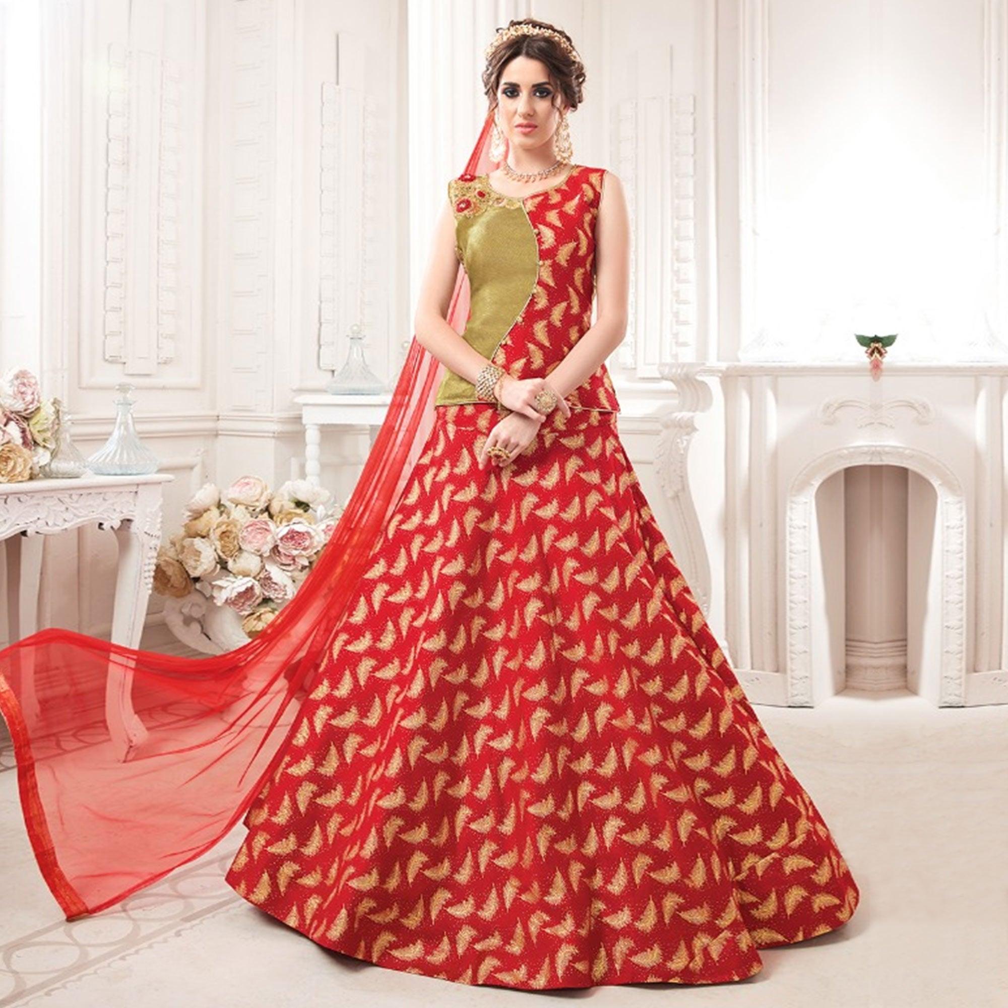 Red Embroidered Jacquard Lehenga Choli - Peachmode