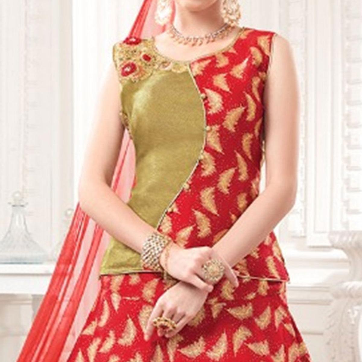 Red Embroidered Jacquard Lehenga Choli - Peachmode