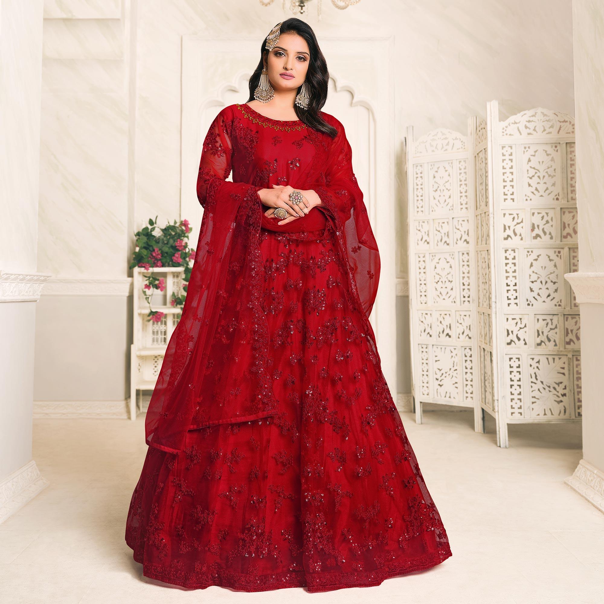 Red Embroidered Netted Anarkali Style Gown - Peachmode